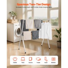 2-Tier Telescopic Clothes Drying Rack w/ 30 Windproof Holes & 2 Shoe Hooks