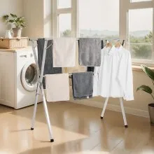 VEVOR Clothes Drying Rack, 2-Tier Telescopic Laundry Dryer Rack, Stainless Steel Drying Racks with 30 Windproof Holes and 2 Shoe Hooks, Free-Standing and Portable Hanger for Outdoor & Indoor Use