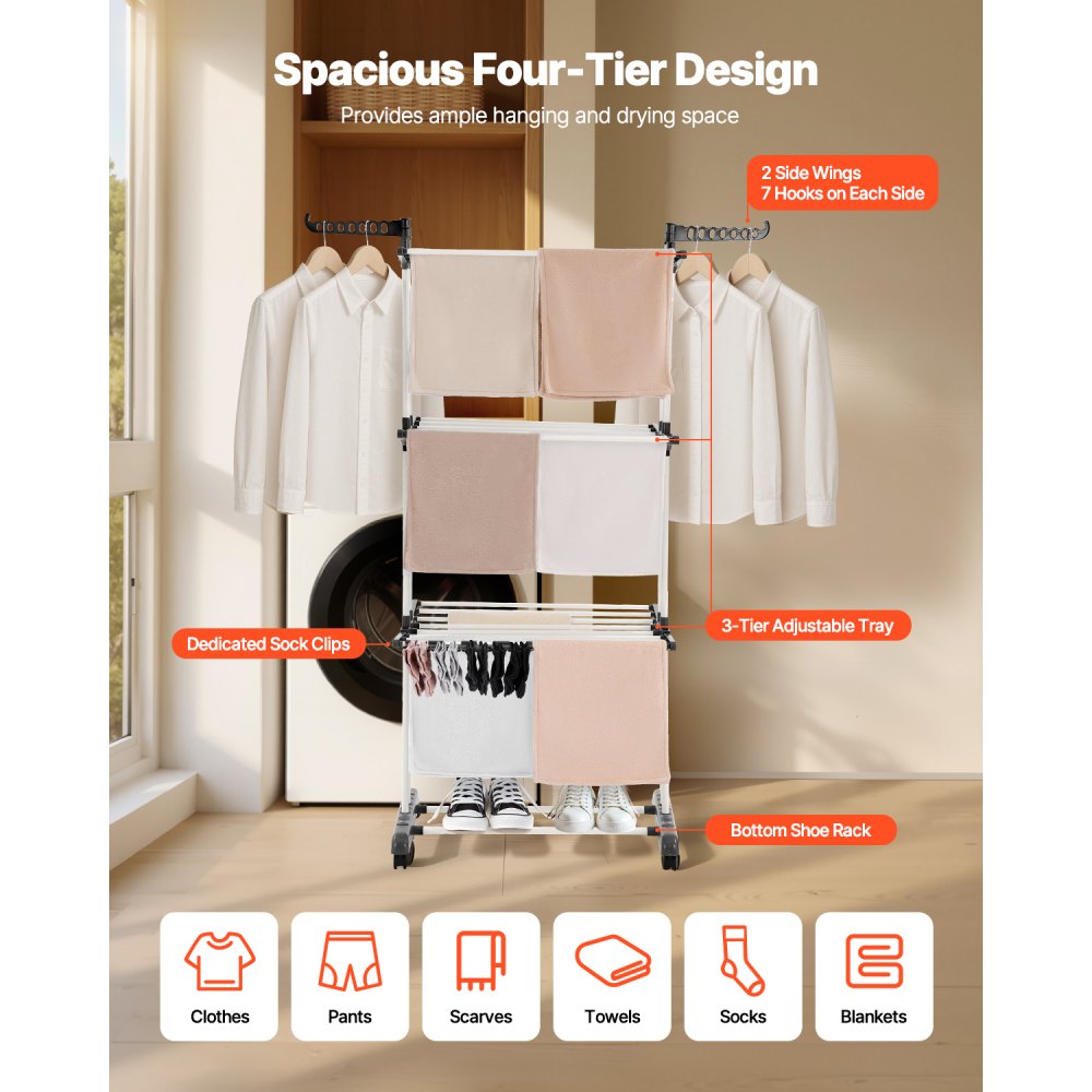 VEVOR Clothes Drying Rack, 4-Tier Foldable Laundry Dryer Rack, Metal Drying Racks with 24 Drying Rods, Free-Standing and Portable Hanger with 4 Castors and Two Side Wings for Outdoor & Indoor Use