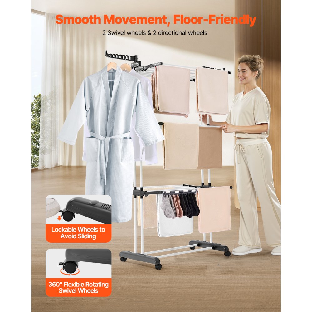VEVOR Clothes Drying Rack, 4-Tier Foldable Laundry Dryer Rack, Metal Drying Racks with 24 Drying Rods, Free-Standing and Portable Hanger with 4 Castors and Two Side Wings for Outdoor & Indoor Use
