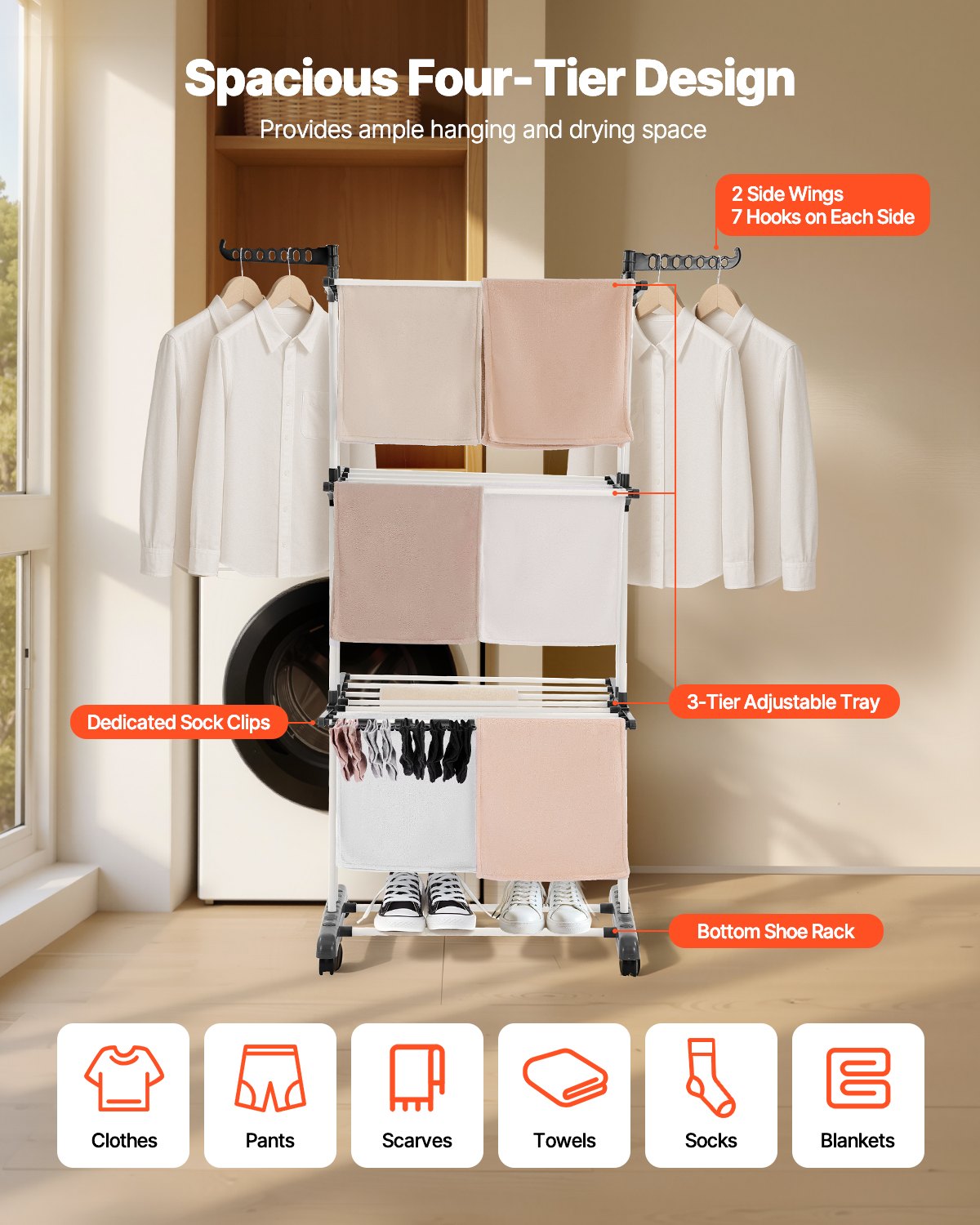 VEVOR Clothes Drying Rack, 4-Tier Foldable Laundry Dryer Rack, Metal Drying Racks with 24 Drying Rods, Free-Standing and Portable Hanger with 4 Castors and Two Side Wings for Outdoor & Indoor Use