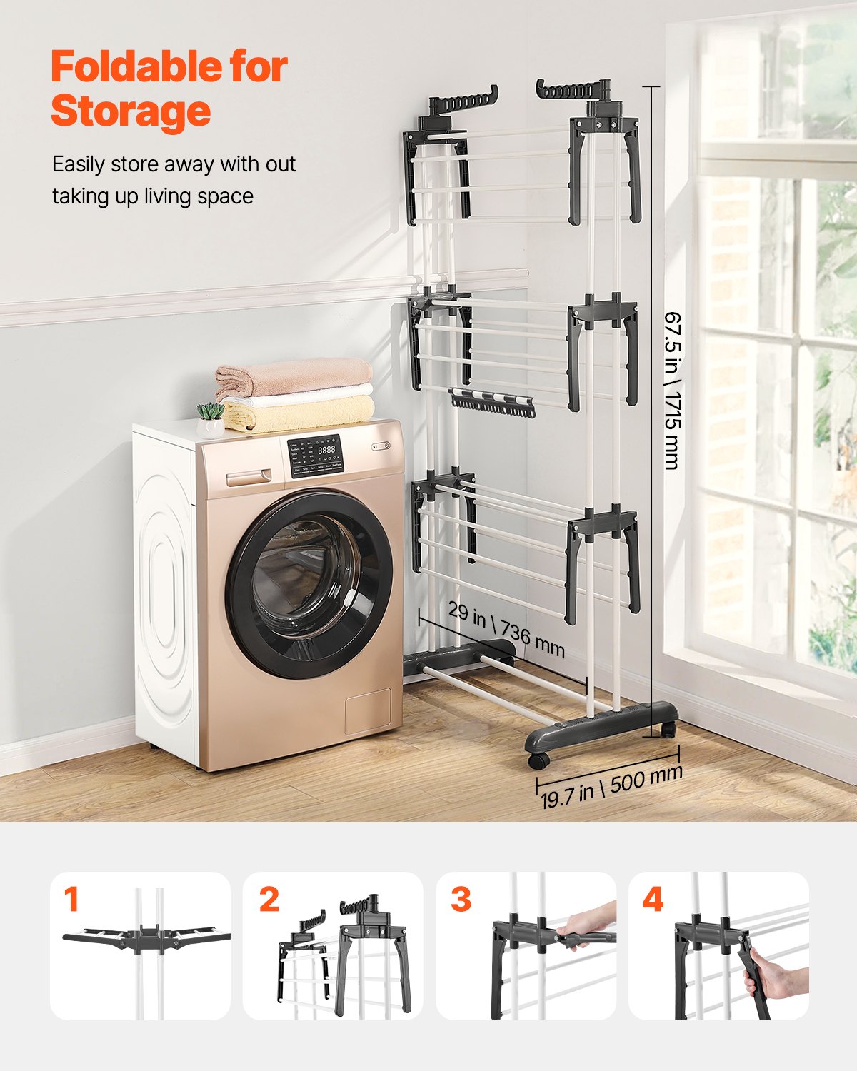 VEVOR Clothes Drying Rack, 4-Tier Foldable Laundry Dryer Rack, Metal Drying Racks with 24 Drying Rods, Free-Standing and Portable Hanger with 4 Castors and Two Side Wings for Outdoor & Indoor Use