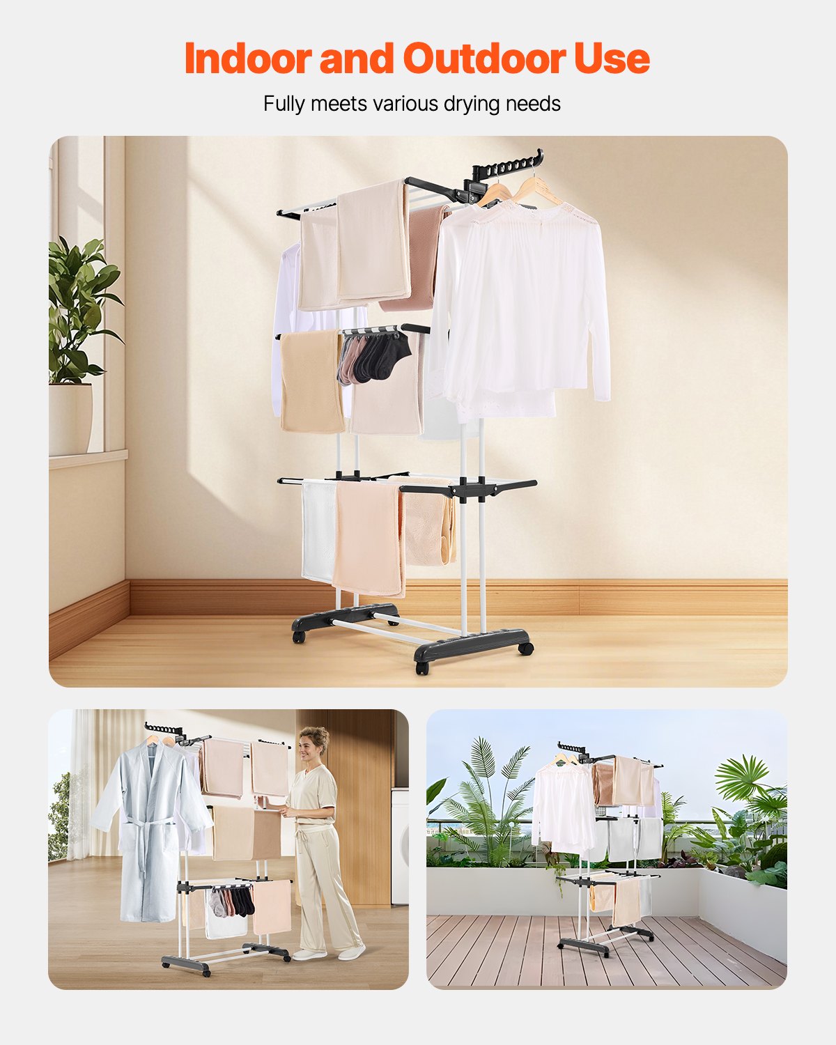VEVOR Clothes Drying Rack, 4-Tier Foldable Laundry Dryer Rack, Metal Drying Racks with 24 Drying Rods, Free-Standing and Portable Hanger with 4 Castors and Two Side Wings for Outdoor & Indoor Use