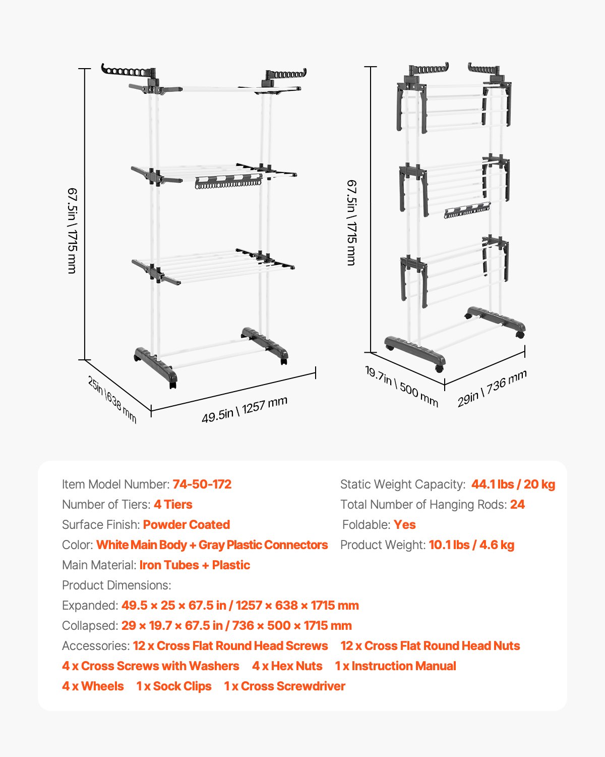 VEVOR Clothes Drying Rack, 4-Tier Foldable Laundry Dryer Rack, Metal Drying Racks with 24 Drying Rods, Free-Standing and Portable Hanger with 4 Castors and Two Side Wings for Outdoor & Indoor Use