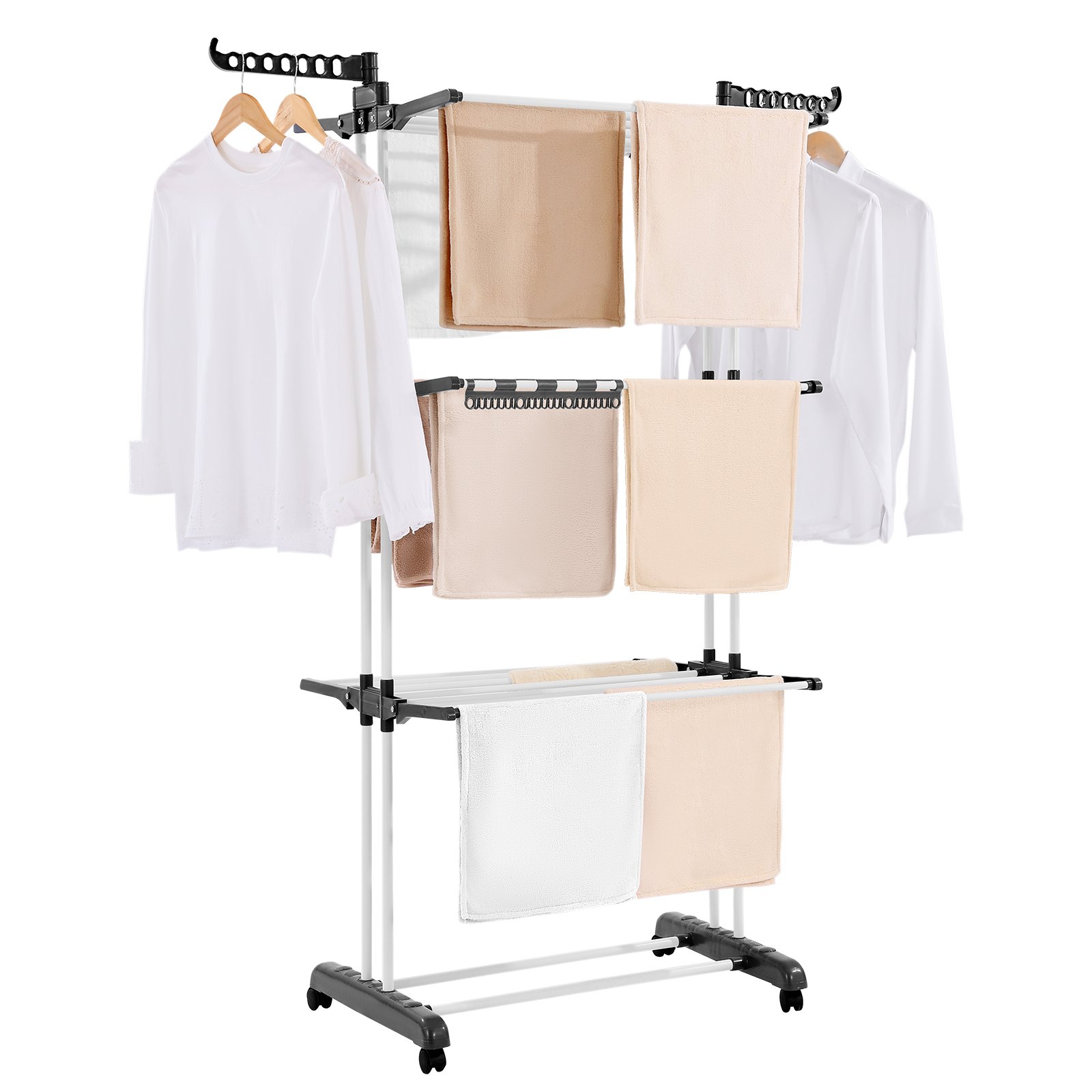 VEVOR Clothes Drying Rack, 4-Tier Foldable Laundry Dryer Rack, Metal Drying Racks with 24 Drying Rods, Free-Standing and Portable Hanger with 4 Castors and Two Side Wings for Outdoor & Indoor Use