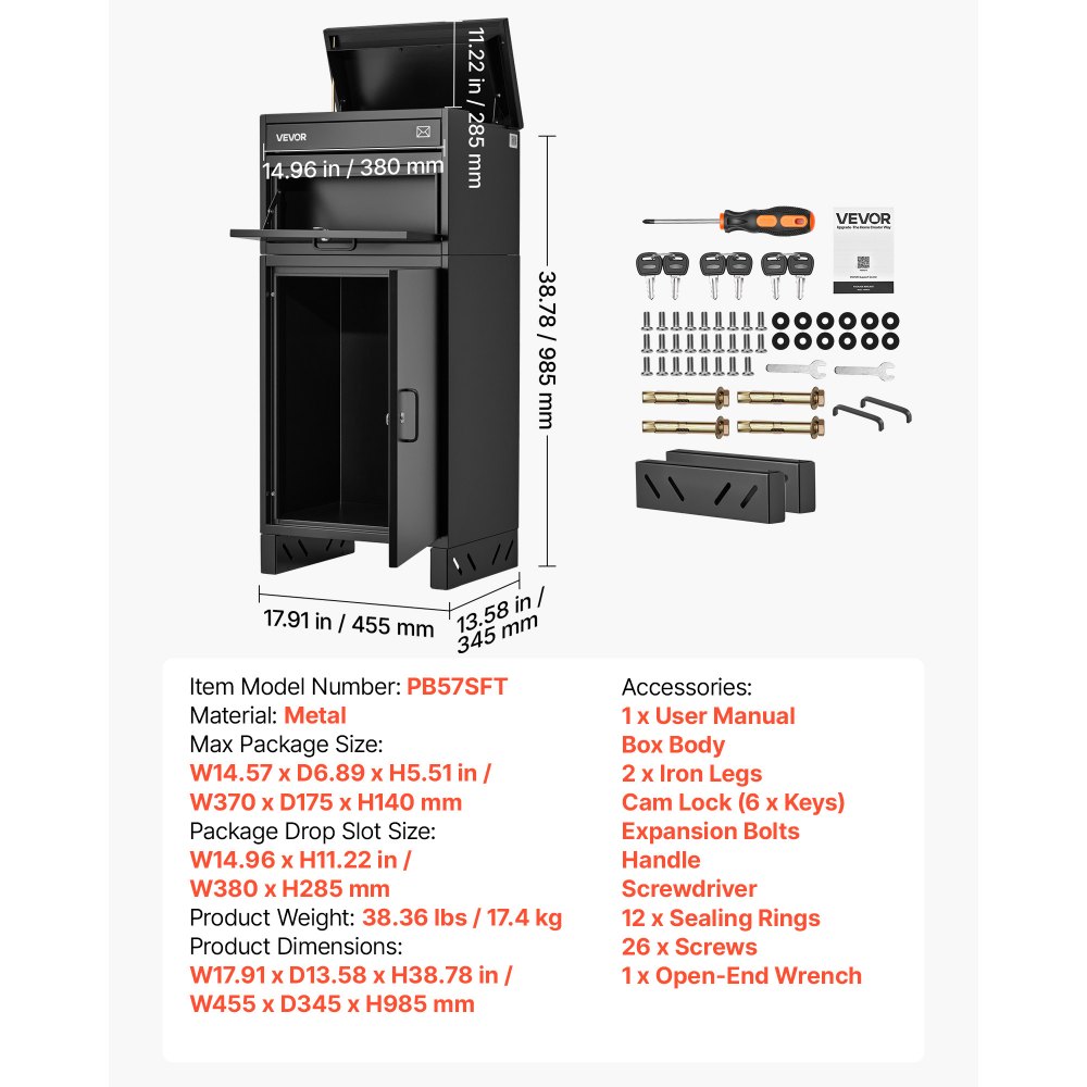 VEVOR Package Delivery Box for Outside 38.78 in Large Metal Parcel Drop Box, for Porch, Curbside & House Storage, Lockable Anti-Theft Waterproof Weatherproof, Thick Secure Mailbox for Outdoor, Black