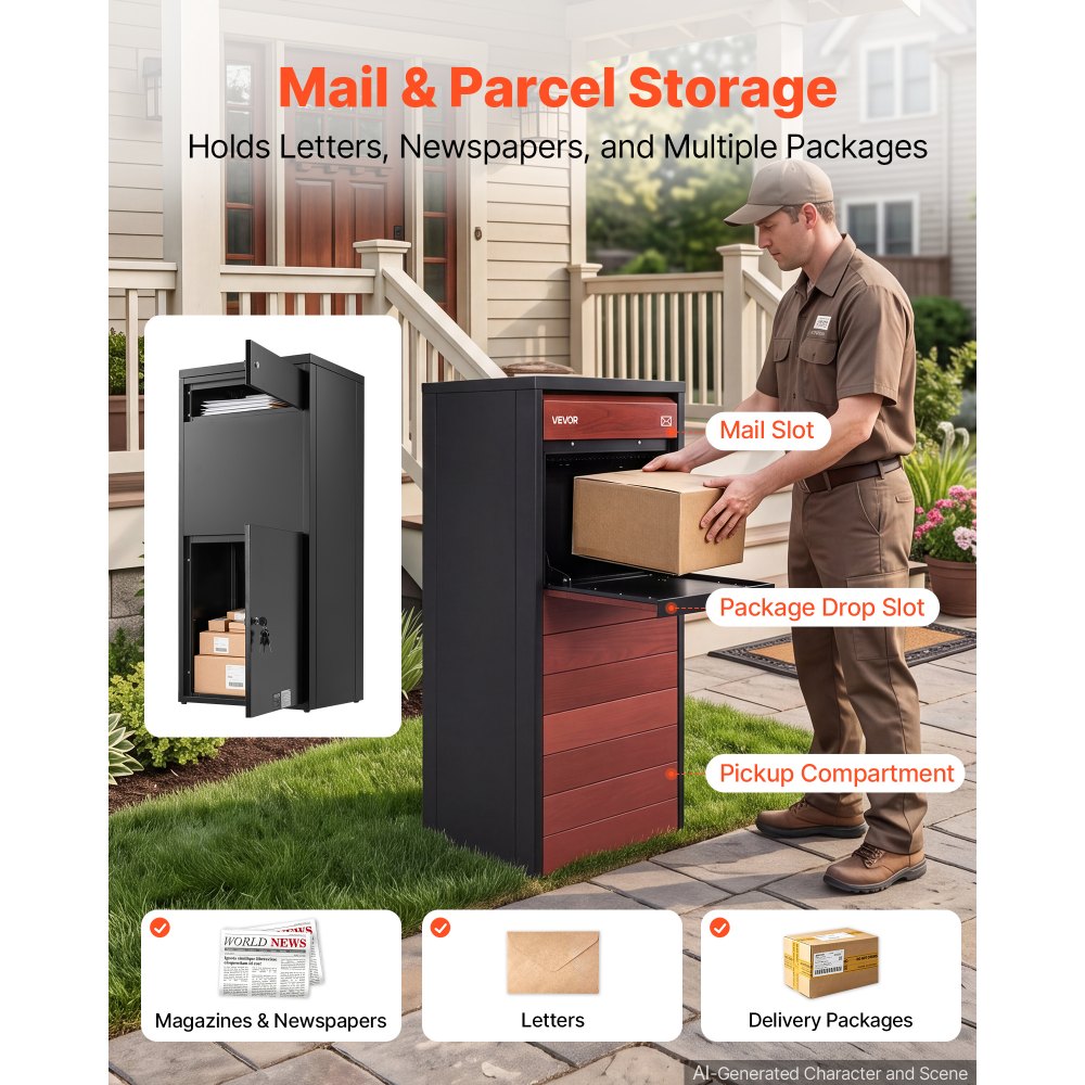 VEVOR Package Delivery Box for Outside 44.09 in Large Metal Parcel Drop Box, for Porch, Curbside & House Storage, Lockable Anti-Theft Waterproof Weatherproof, Secure Mailbox for Outdoor, Black & Brown