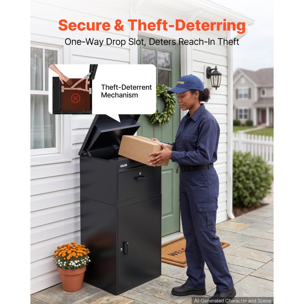 VEVOR Package Delivery Box for Outside 43.31 in Large Metal Parcel Drop Box, for Porch, Curbside & House Storage, Lockable Anti-Theft Waterproof Weatherproof, Thick Secure Mailbox for Outdoor, Black