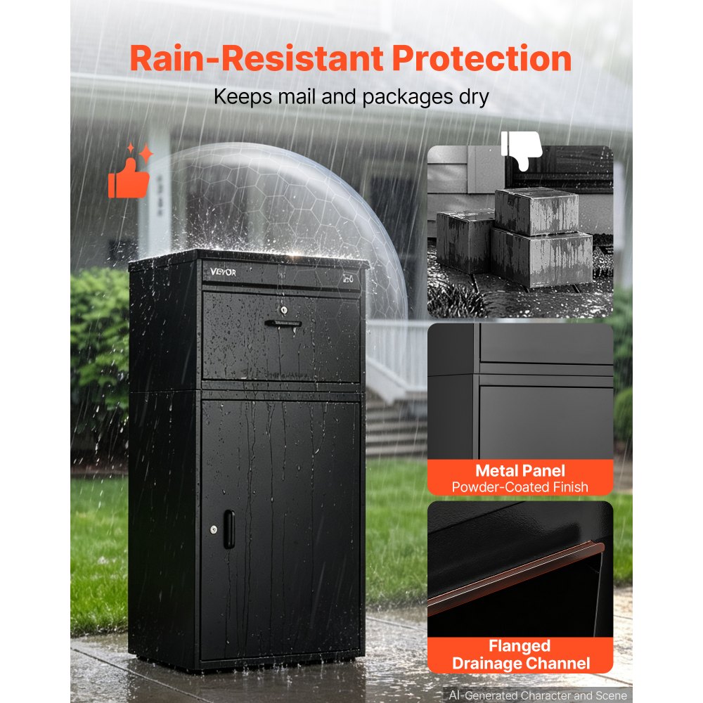 VEVOR Package Delivery Box for Outside 43.31 in Large Metal Parcel Drop Box, for Porch, Curbside & House Storage, Lockable Anti-Theft Waterproof Weatherproof, Thick Secure Mailbox for Outdoor, Black