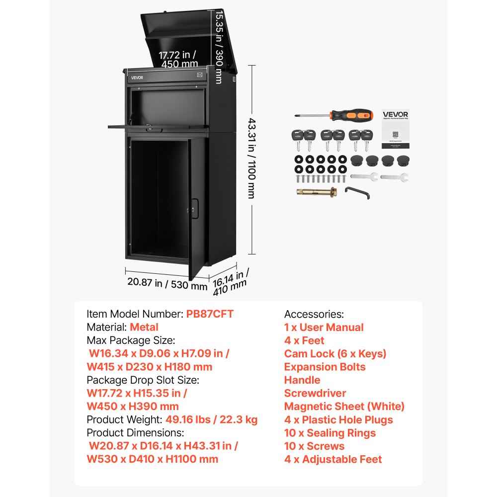 VEVOR Package Delivery Box for Outside 43.31 in Large Metal Parcel Drop Box, for Porch, Curbside & House Storage, Lockable Anti-Theft Waterproof Weatherproof, Thick Secure Mailbox for Outdoor, Black