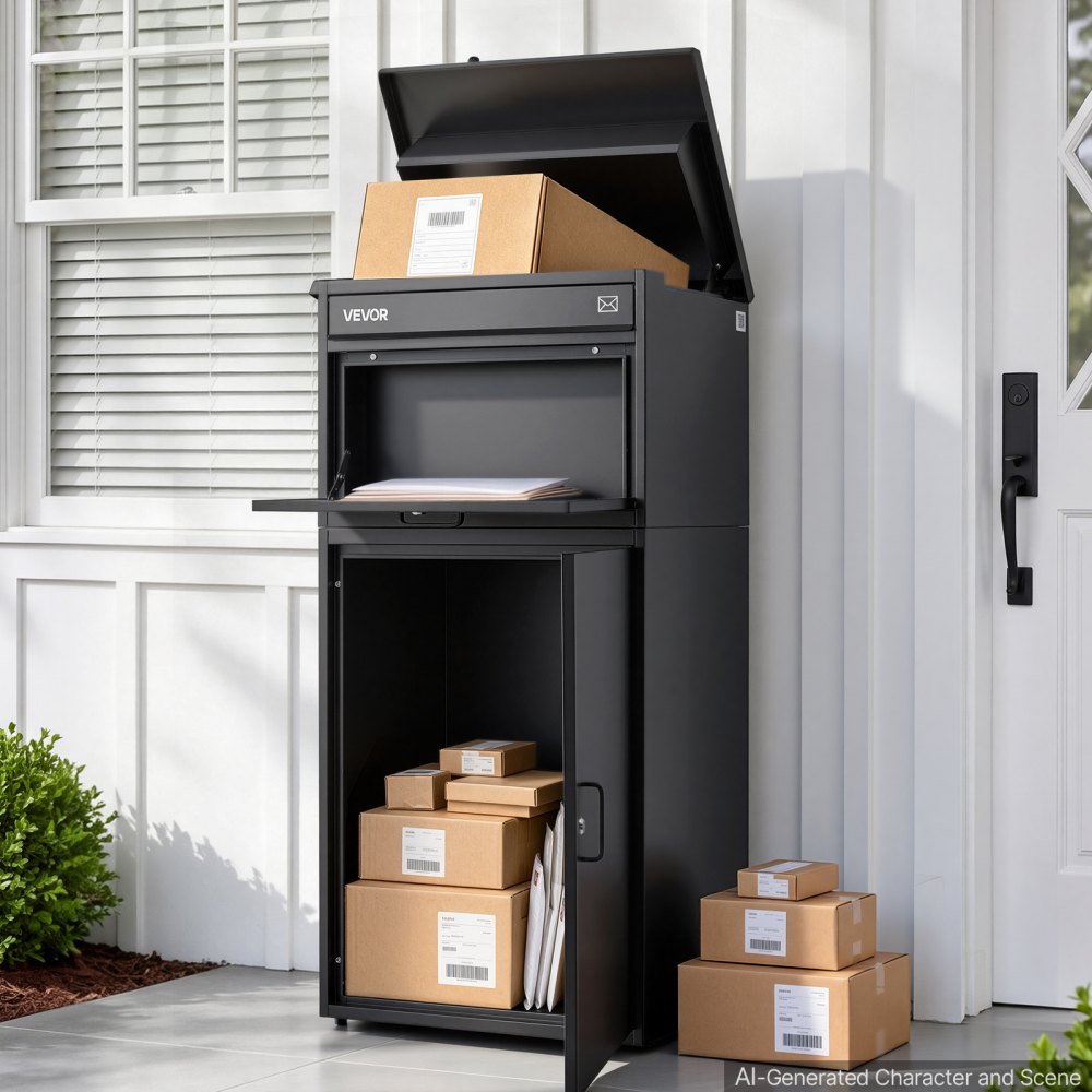 VEVOR Package Delivery Box for Outside 43.31 in Large Metal Parcel Drop Box, for Porch, Curbside & House Storage, Lockable Anti-Theft Waterproof Weatherproof, Thick Secure Mailbox for Outdoor, Black