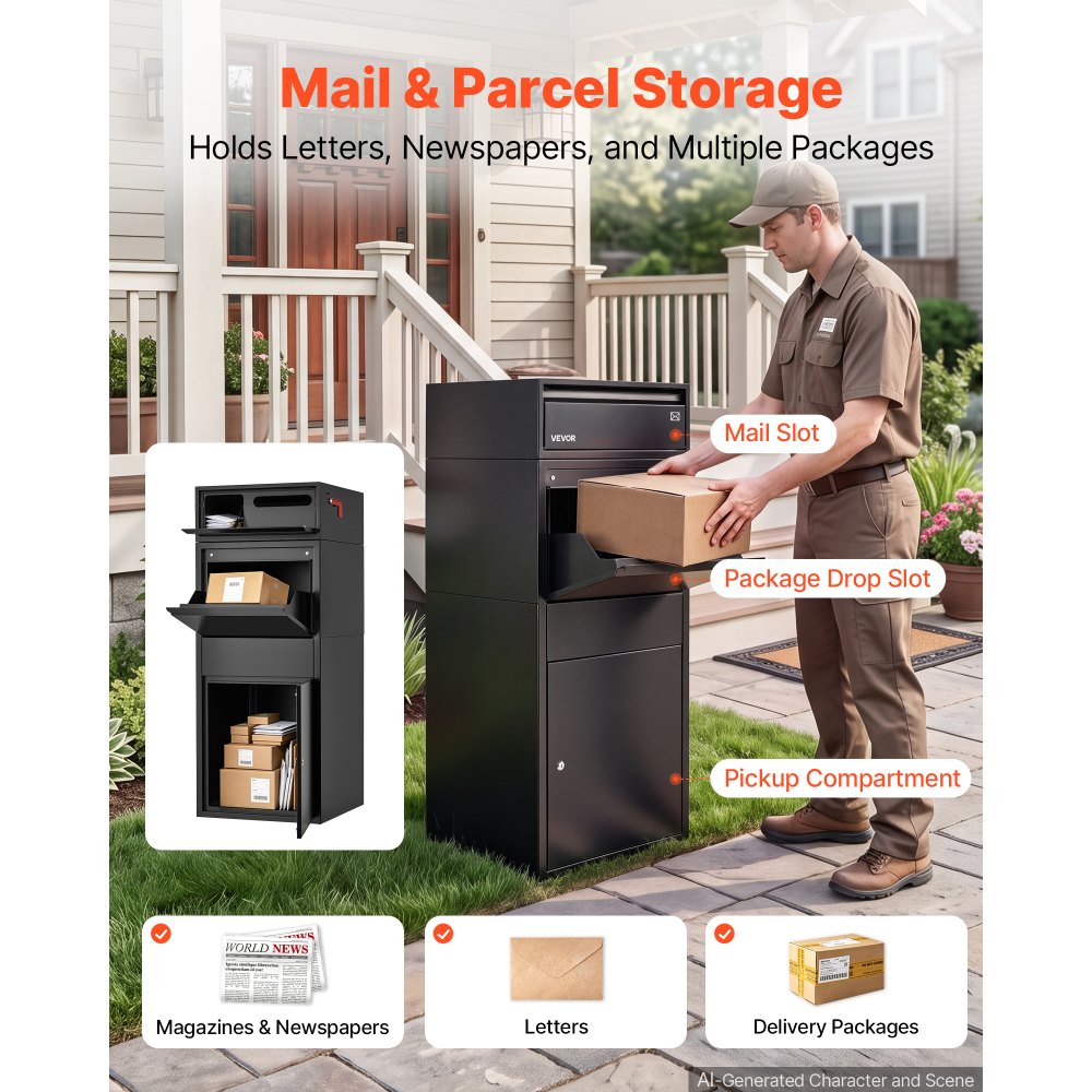 Buzón de entrega de paquetes VEVOR para exteriores, 120 cm, buzón de metal grande para paquetes, para porche, acera y almacenamiento en el hogar, con cerradura, antirrobo, impermeable y resistente a la intemperie, buzón grueso y seguro para exteriores, color negro.