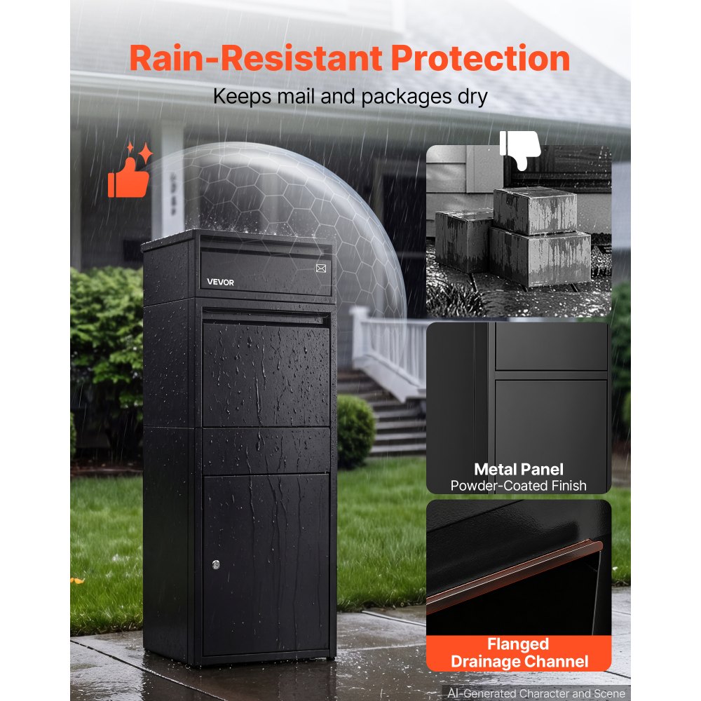 Buzón de entrega de paquetes VEVOR para exteriores, 120 cm, buzón de metal grande para paquetes, para porche, acera y almacenamiento en el hogar, con cerradura, antirrobo, impermeable y resistente a la intemperie, buzón grueso y seguro para exteriores, color negro.