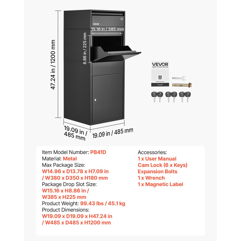 Buzón de entrega de paquetes VEVOR para exteriores, 120 cm, buzón de metal grande para paquetes, para porche, acera y almacenamiento en el hogar, con cerradura, antirrobo, impermeable y resistente a la intemperie, buzón grueso y seguro para exteriores, color negro.
