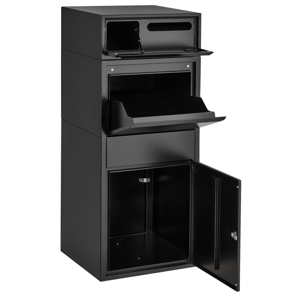 Buzón de entrega de paquetes VEVOR para exteriores, 120 cm, buzón de metal grande para paquetes, para porche, acera y almacenamiento en el hogar, con cerradura, antirrobo, impermeable y resistente a la intemperie, buzón grueso y seguro para exteriores, color negro.