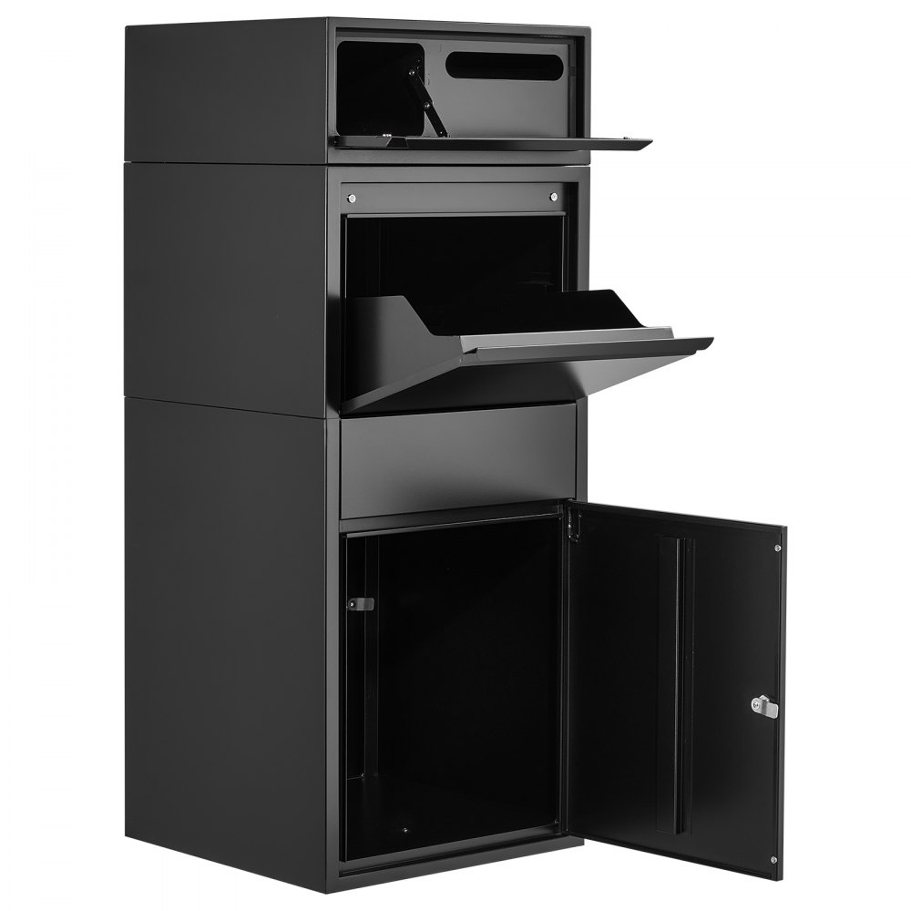 Buzón de entrega de paquetes VEVOR para exteriores, 120 cm, buzón de metal grande para paquetes, para porche, acera y almacenamiento en el hogar, con cerradura, antirrobo, impermeable y resistente a la intemperie, buzón grueso y seguro para exteriores, color negro.