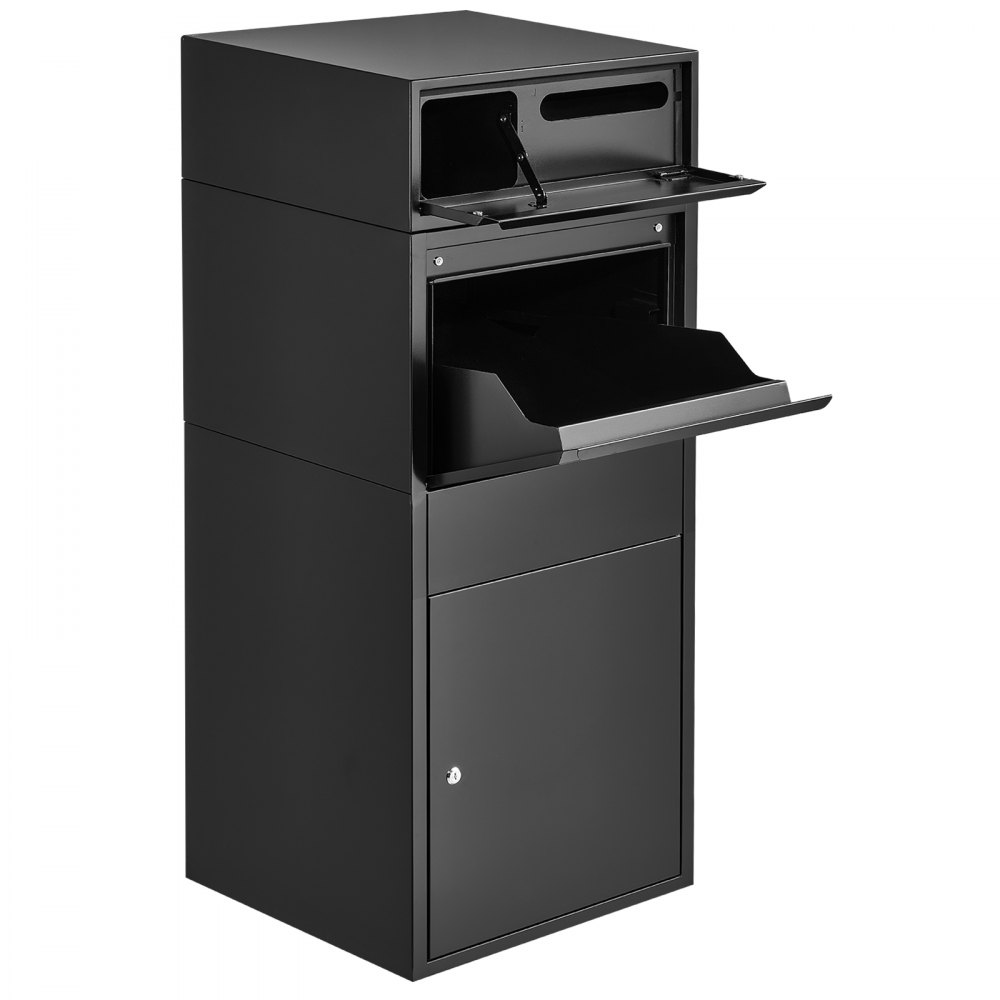 Buzón de entrega de paquetes VEVOR para exteriores, 120 cm, buzón de metal grande para paquetes, para porche, acera y almacenamiento en el hogar, con cerradura, antirrobo, impermeable y resistente a la intemperie, buzón grueso y seguro para exteriores, color negro.