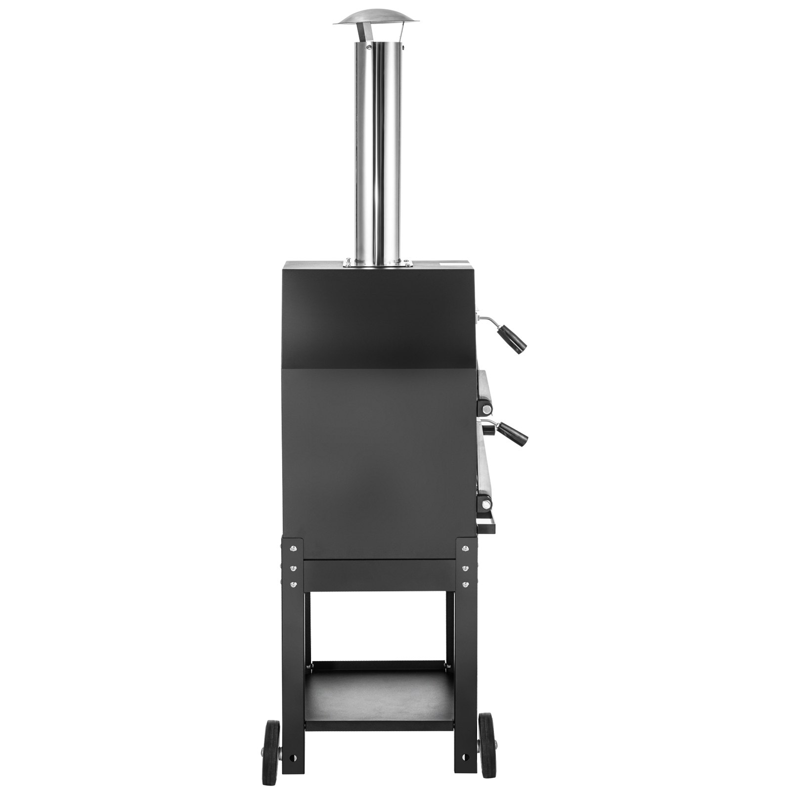 rear view of VEVOR outdoor pizza oven with stainless steel chimney and handles.