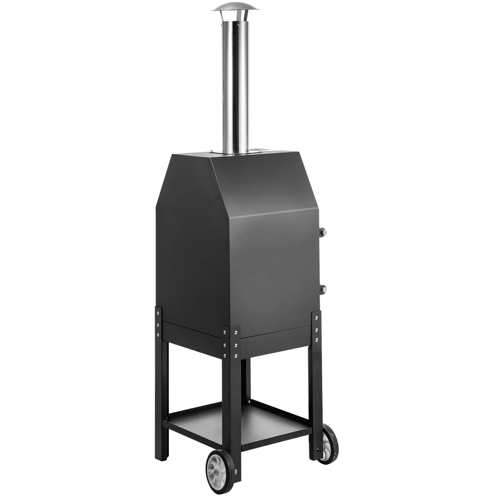 VEVOR outdoor pizza oven with chimney and wheels in black steel design.