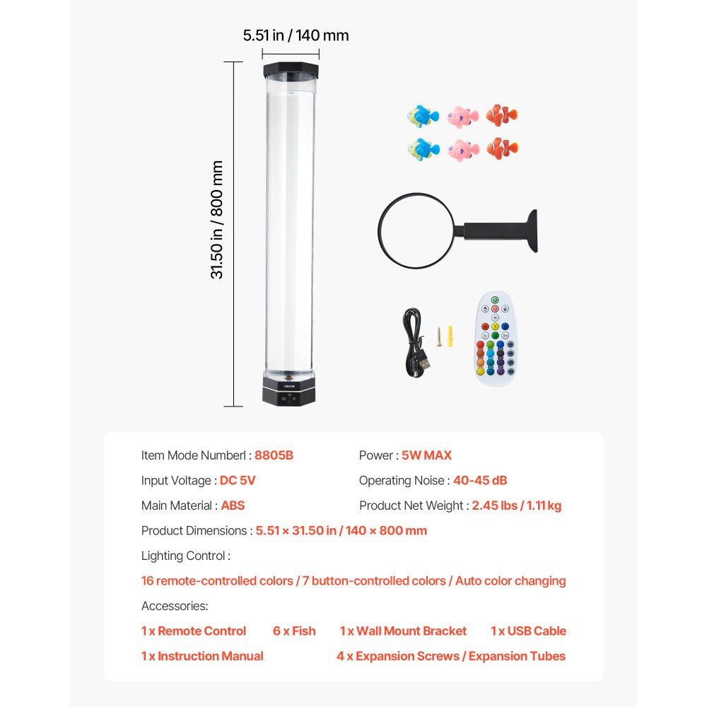 VEVOR Sensory Bubble Tube Lamp, 80 cm Bubble Fish Tube, Sensory Aquarium Lamp with 6 Floating Fish & 16 Color Effects, Remote Control, Stress Relief Calming Light for Bedroom Living Room Home Decor