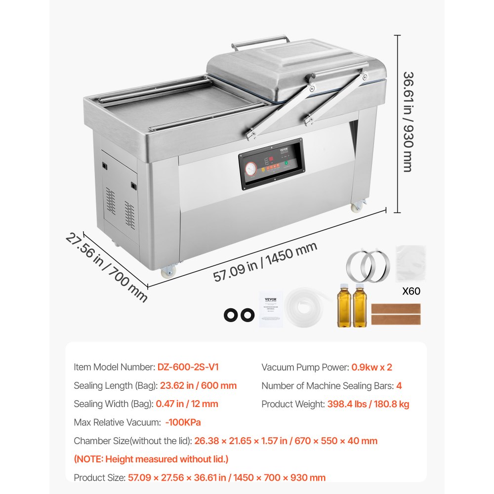 VEVOR Chamber Vacuum Sealer, 1200W Sealing Power, Vacuum Packing Machine for Wet Foods, Meats, Marinades and More, Compact Size with 23.6 in Sealing Length, Applied in Home Kitchen and Commercial Use