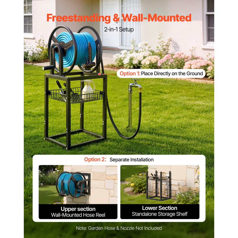 VEVOR Freestanding Garden Hose Reel, Holds 200 Feet of 5/8-inch Hose, Wall Mount or Ground Mount, Detachable Holder Stand with Storage Rack, 5 ft Leader Hose, Brass Fitting, 4 Spikes, for Backyards