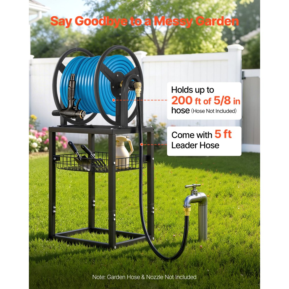 VEVOR Freestanding Garden Hose Reel, Holds 200 Feet of 5/8-inch Hose, Wall Mount or Ground Mount, Detachable Holder Stand with Storage Rack, 5 ft Leader Hose, Brass Fitting, 4 Spikes, for Backyards