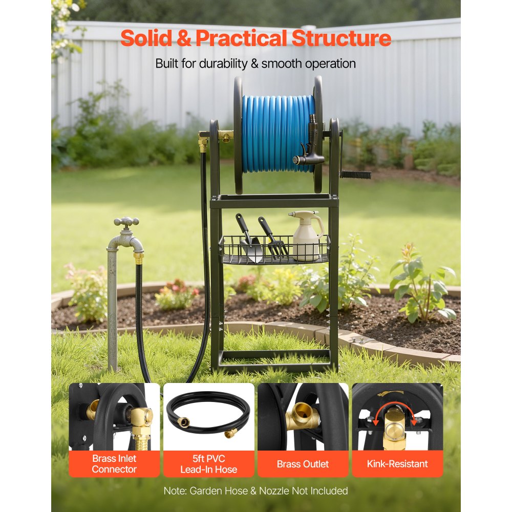 VEVOR Freestanding Garden Hose Reel, Holds 200 Feet of 5/8-inch Hose, Wall Mount or Ground Mount, Detachable Holder Stand with Storage Rack, 5 ft Leader Hose, Brass Fitting, 4 Spikes, for Backyards