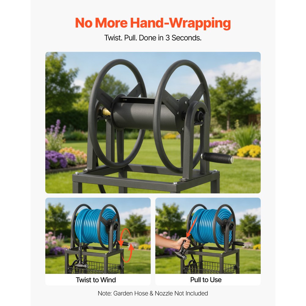 VEVOR Freestanding Garden Hose Reel, Holds 200 Feet of 5/8-inch Hose, Wall Mount or Ground Mount, Detachable Holder Stand with Storage Rack, 5 ft Leader Hose, Brass Fitting, 4 Spikes, for Backyards
