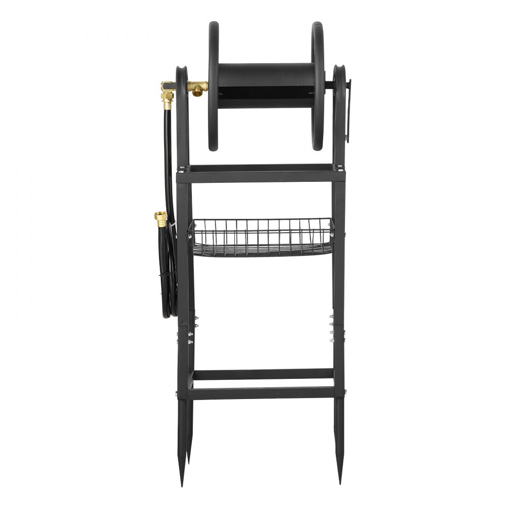 VEVOR Freestanding Garden Hose Reel, Holds 200 Feet of 5/8-inch Hose, Wall Mount or Ground Mount, Detachable Holder Stand with Storage Rack, 5 ft Leader Hose, Brass Fitting, 4 Spikes, for Backyards