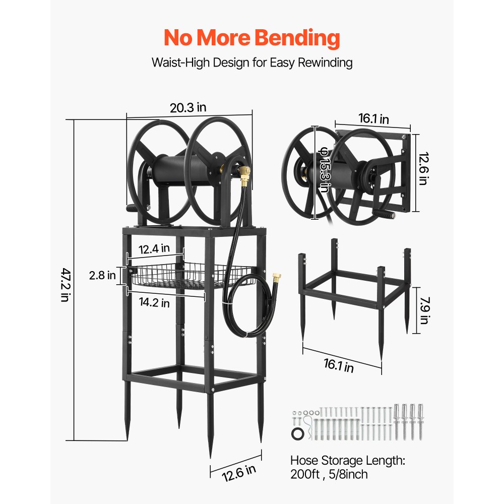 VEVOR Freestanding Garden Hose Reel, Holds 200 Feet of 5/8-inch Hose, Wall Mount or Ground Mount, Detachable Holder Stand with Storage Rack, 5 ft Leader Hose, Brass Fitting, 4 Spikes, for Backyards