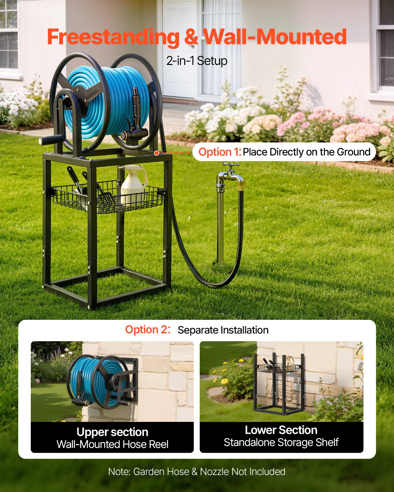 VEVOR Freestanding Garden Hose Reel, Holds 200 Feet of 5/8-inch Hose, Wall Mount or Ground Mount, Detachable Holder Stand with Storage Rack, 5 ft Leader Hose, Brass Fitting, 4 Spikes, for Backyards