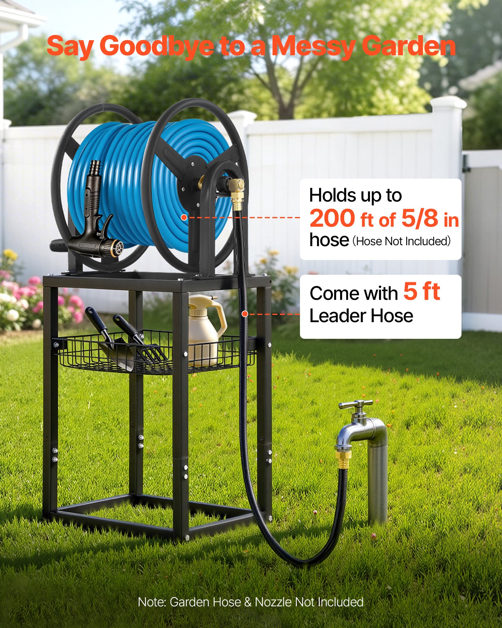 VEVOR Freestanding Garden Hose Reel, Holds 200 Feet of 5/8-inch Hose, Wall Mount or Ground Mount, Detachable Holder Stand with Storage Rack, 5 ft Leader Hose, Brass Fitting, 4 Spikes, for Backyards