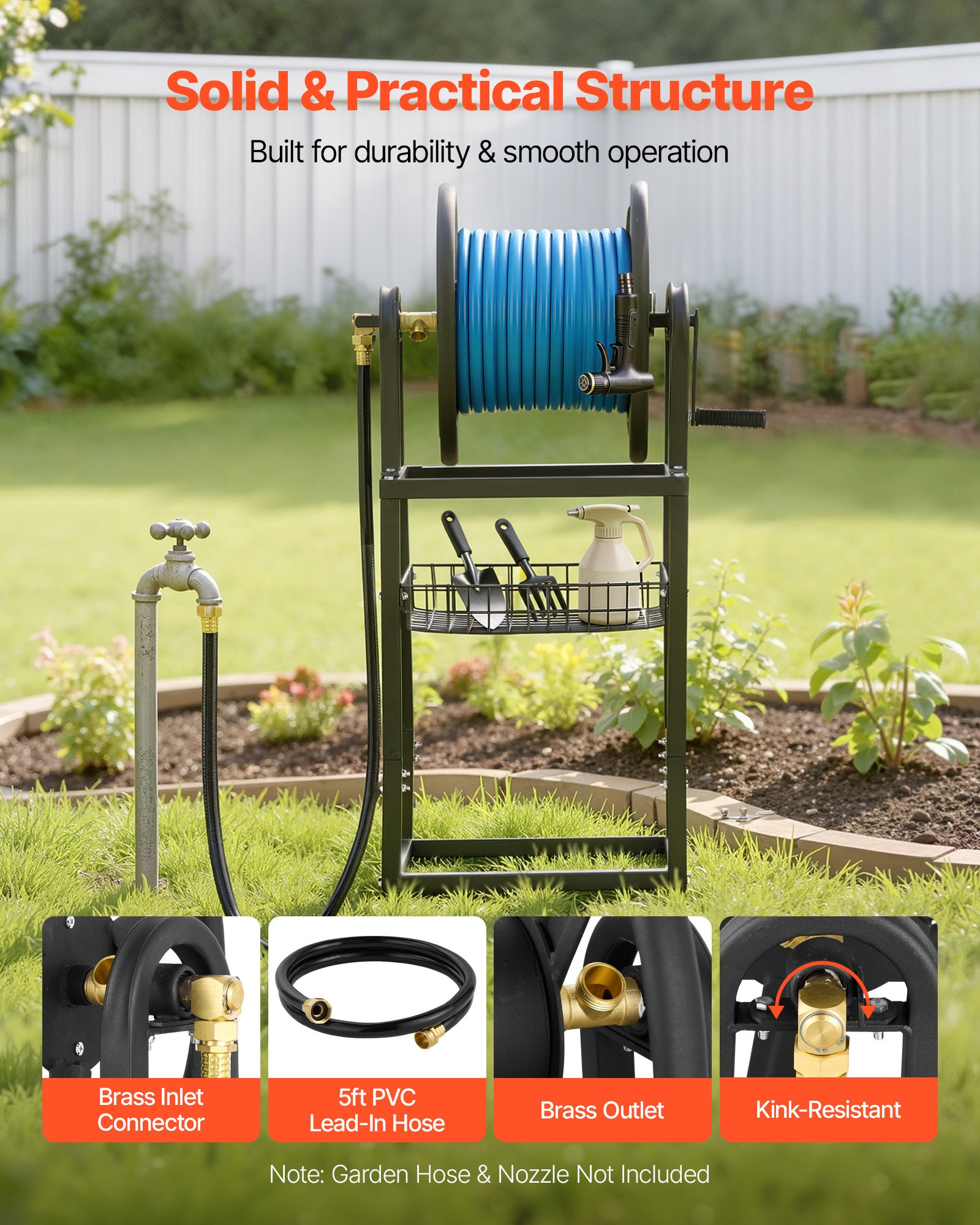 VEVOR Freestanding Garden Hose Reel, Holds 200 Feet of 5/8-inch Hose, Wall Mount or Ground Mount, Detachable Holder Stand with Storage Rack, 5 ft Leader Hose, Brass Fitting, 4 Spikes, for Backyards