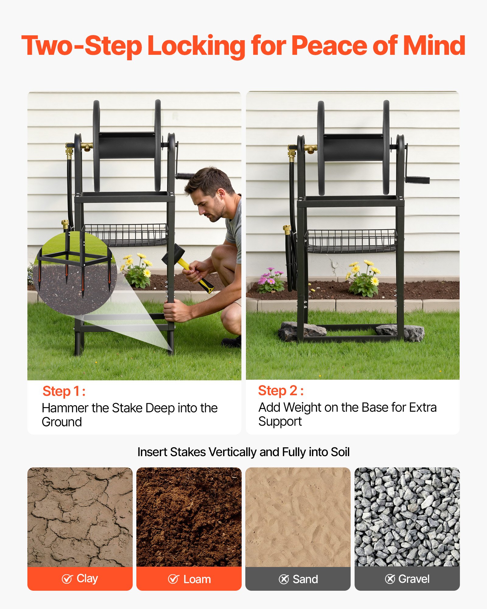 VEVOR Freestanding Garden Hose Reel, Holds 200 Feet of 5/8-inch Hose, Wall Mount or Ground Mount, Detachable Holder Stand with Storage Rack, 5 ft Leader Hose, Brass Fitting, 4 Spikes, for Backyards