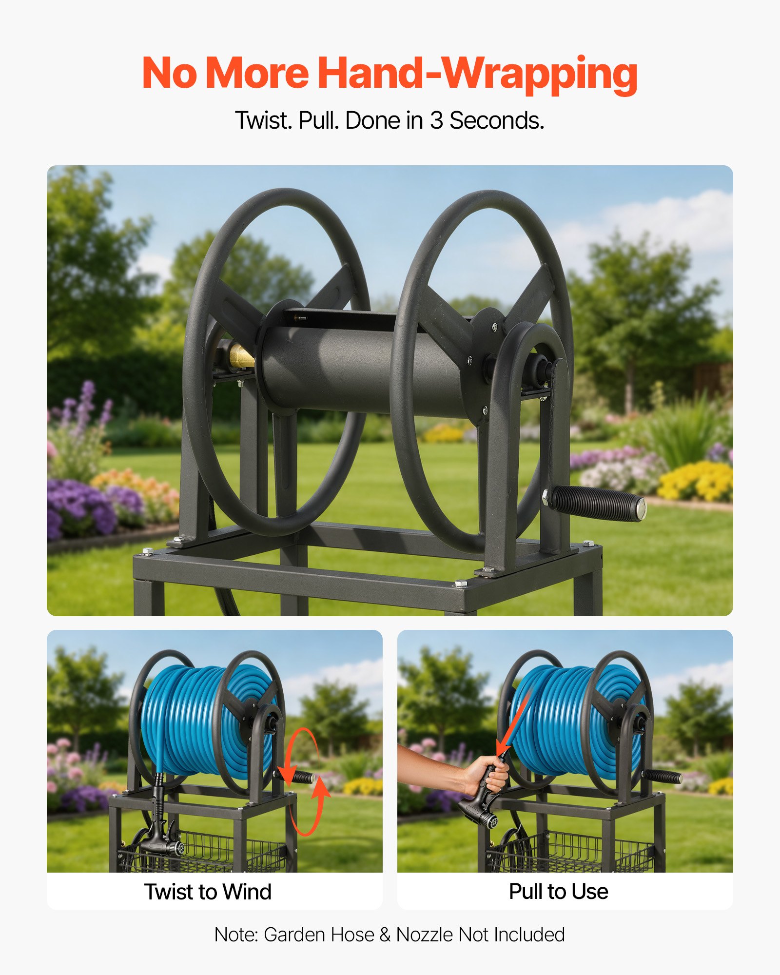 VEVOR Freestanding Garden Hose Reel, Holds 200 Feet of 5/8-inch Hose, Wall Mount or Ground Mount, Detachable Holder Stand with Storage Rack, 5 ft Leader Hose, Brass Fitting, 4 Spikes, for Backyards