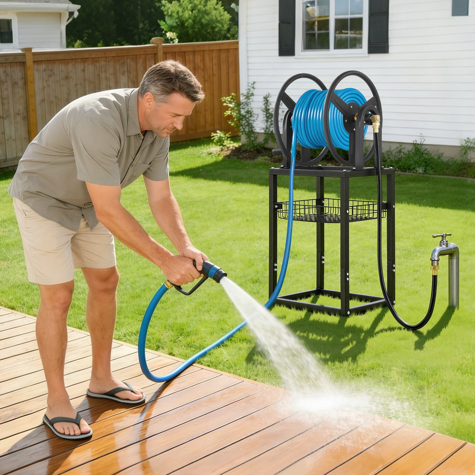 VEVOR Freestanding Garden Hose Reel, Holds 200 Feet of 5/8-inch Hose, Wall Mount or Ground Mount, Detachable Holder Stand with Storage Rack, 5 ft Leader Hose, Brass Fitting, 4 Spikes, for Backyards