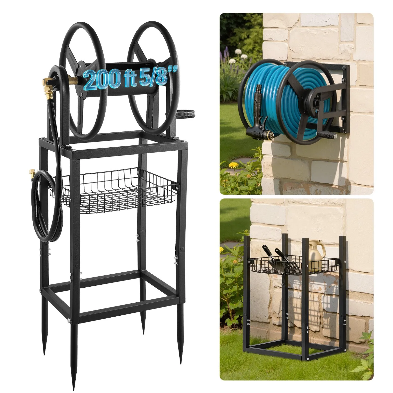 VEVOR Freestanding Garden Hose Reel, Holds 200 Feet of 5/8-inch Hose, Wall Mount or Ground Mount, Detachable Holder Stand with Storage Rack, 5 ft Leader Hose, Brass Fitting, 4 Spikes, for Backyards
