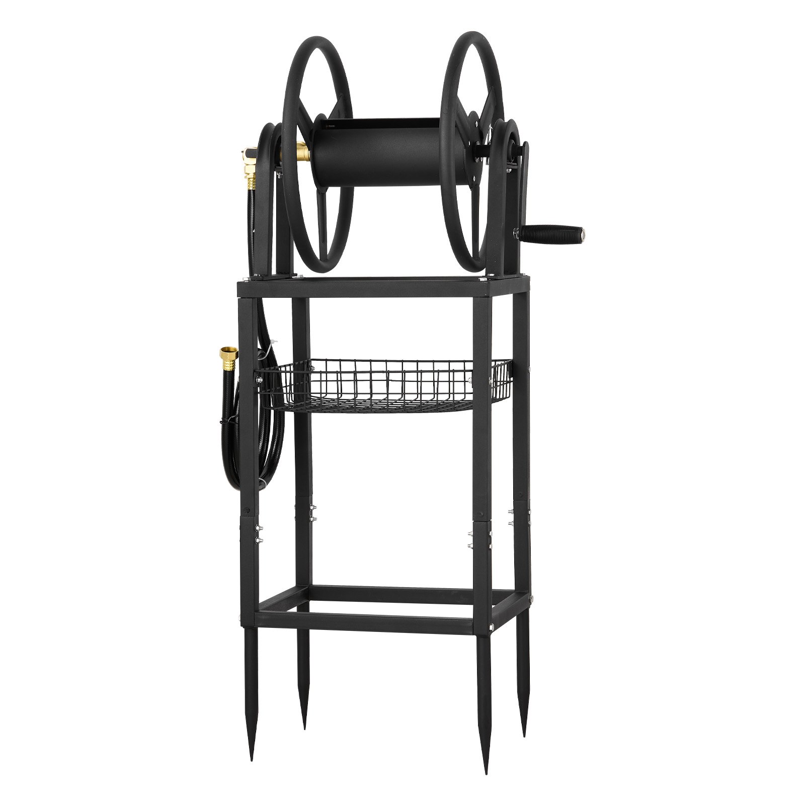 VEVOR Freestanding Garden Hose Reel, Holds 200 Feet of 5/8-inch Hose, Wall Mount or Ground Mount, Detachable Holder Stand with Storage Rack, 5 ft Leader Hose, Brass Fitting, 4 Spikes, for Backyards