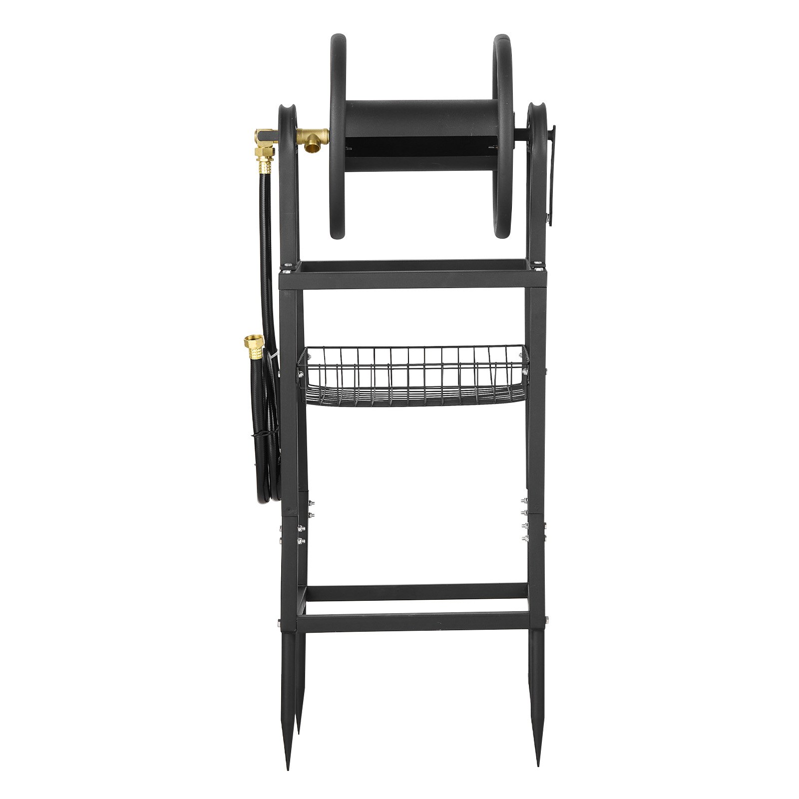 VEVOR Freestanding Garden Hose Reel, Holds 200 Feet of 5/8-inch Hose, Wall Mount or Ground Mount, Detachable Holder Stand with Storage Rack, 5 ft Leader Hose, Brass Fitting, 4 Spikes, for Backyards