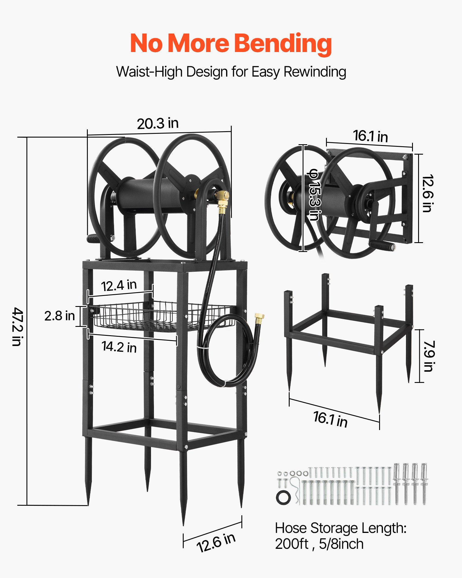 VEVOR Freestanding Garden Hose Reel, Holds 200 Feet of 5/8-inch Hose, Wall Mount or Ground Mount, Detachable Holder Stand with Storage Rack, 5 ft Leader Hose, Brass Fitting, 4 Spikes, for Backyards
