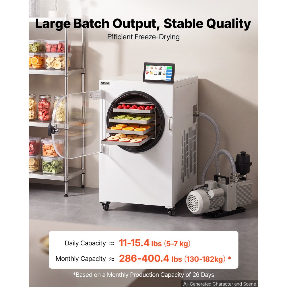 VEVOR Vacuum Freeze Dryer Machine, 5-7 kg/Batch, 4 Trays, 10 Presets for Fruit Vegetable Meat, Durable Freestanding Freeze Drying Equipment with Wheel, App Control, LCD Touchscreen, Auto Defrost
