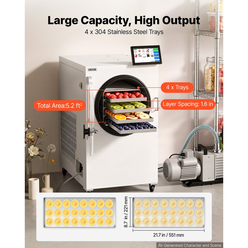 VEVOR Vacuum Freeze Dryer Machine, 5-7 kg/Batch, 4 Trays, 10 Presets for Fruit Vegetable Meat, Durable Freestanding Freeze Drying Equipment with Wheel, App Control, LCD Touchscreen, Auto Defrost