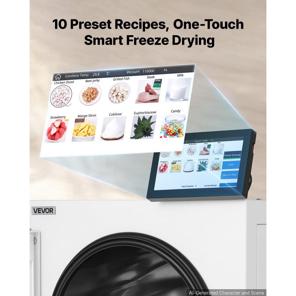 VEVOR Vacuum Freeze Dryer Machine, 5-7 kg/Batch, 4 Trays, 10 Presets for Fruit Vegetable Meat, Durable Freestanding Freeze Drying Equipment with Wheel, App Control, LCD Touchscreen, Auto Defrost