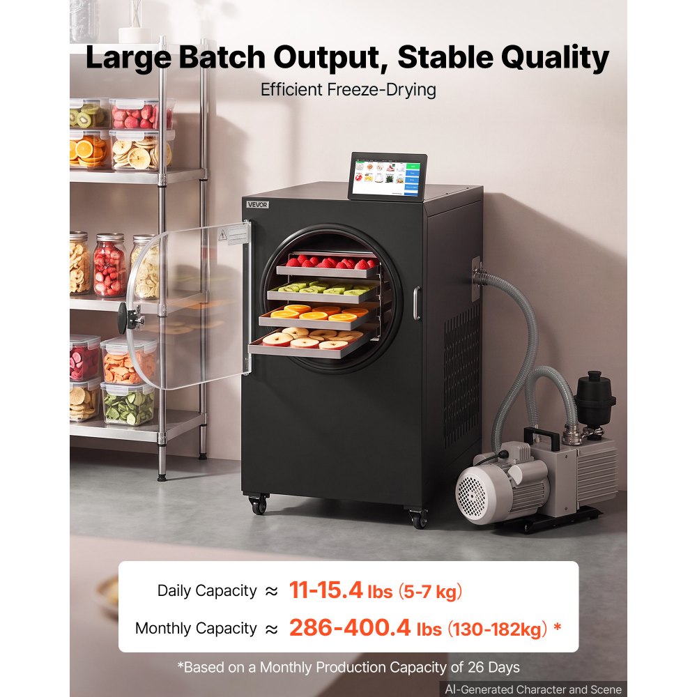 VEVOR Vacuum Freeze Dryer Machine, 5-7 kg/Batch, 4 Trays, 10 Presets for Fruit Vegetable Meat, Durable Freestanding Freeze Drying Equipment with Wheel, App Control, LCD Touchscreen, Auto Defrost