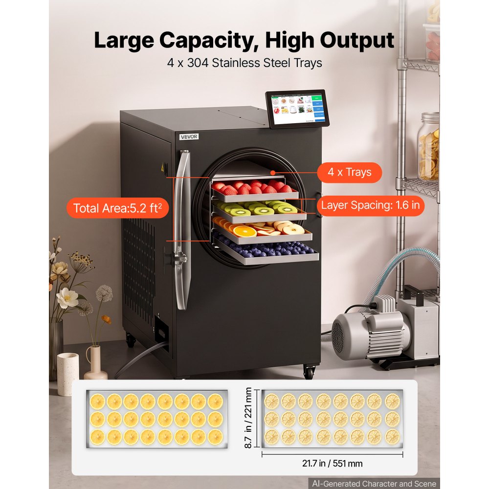 VEVOR Vacuum Freeze Dryer Machine, 5-7 kg/Batch, 4 Trays, 10 Presets for Fruit Vegetable Meat, Durable Freestanding Freeze Drying Equipment with Wheel, App Control, LCD Touchscreen, Auto Defrost