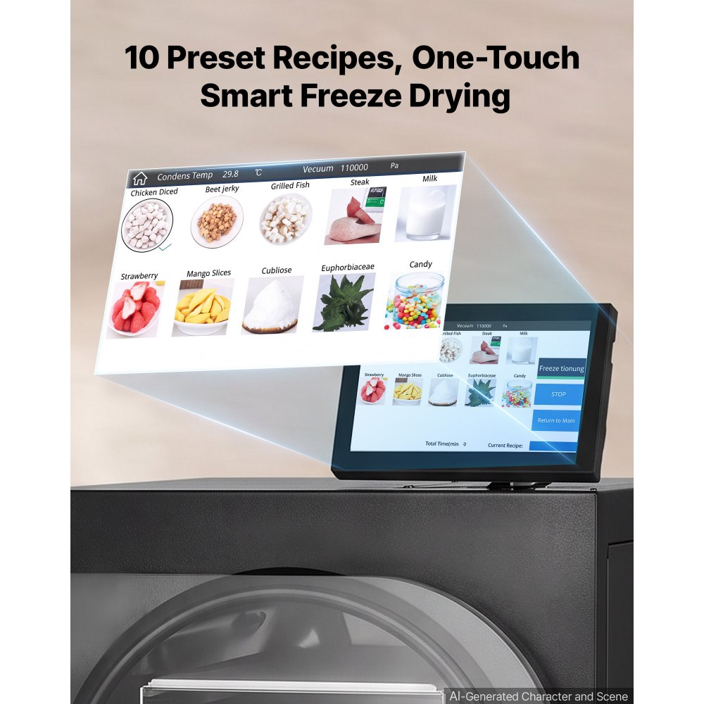 VEVOR Vacuum Freeze Dryer Machine, 5-7 kg/Batch, 4 Trays, 10 Presets for Fruit Vegetable Meat, Durable Freestanding Freeze Drying Equipment with Wheel, App Control, LCD Touchscreen, Auto Defrost