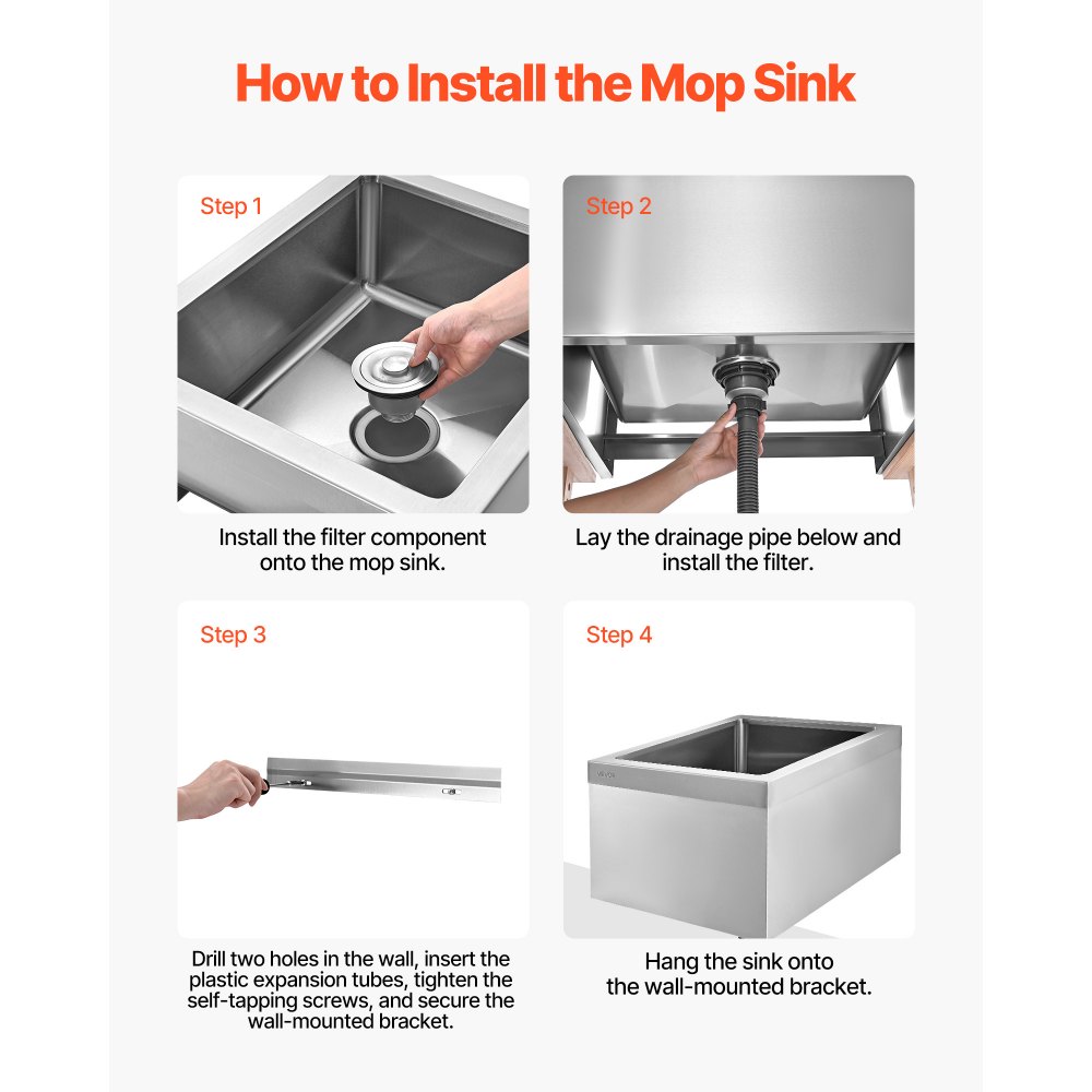 VEVOR Stainless Steel Floor Mop Sink, 22 x 19 x 12 in, 304 Stainless Steel, with 3-in-1 Filter and Wall-Mounted Bracket, X-Shaped Groove for Quick and Smooth Drainage, for Balcony and Bathroom