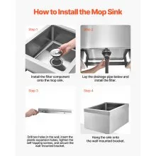 VEVOR Stainless Steel Floor Mop Sink, 22 x 19 x 12 in, 304 Stainless Steel, with 3-in-1 Filter and Wall-Mounted Bracket, X-Shaped Groove for Quick and Smooth Drainage, for Balcony and Bathroom