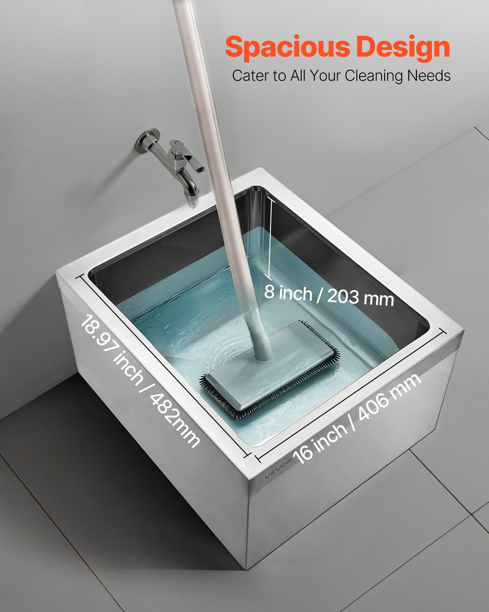 VEVOR Stainless Steel Floor Mop Sink, 22 x 19 x 12 in, 304 Stainless Steel, with 3-in-1 Filter and Wall-Mounted Bracket, X-Shaped Groove for Quick and Smooth Drainage, for Balcony and Bathroom